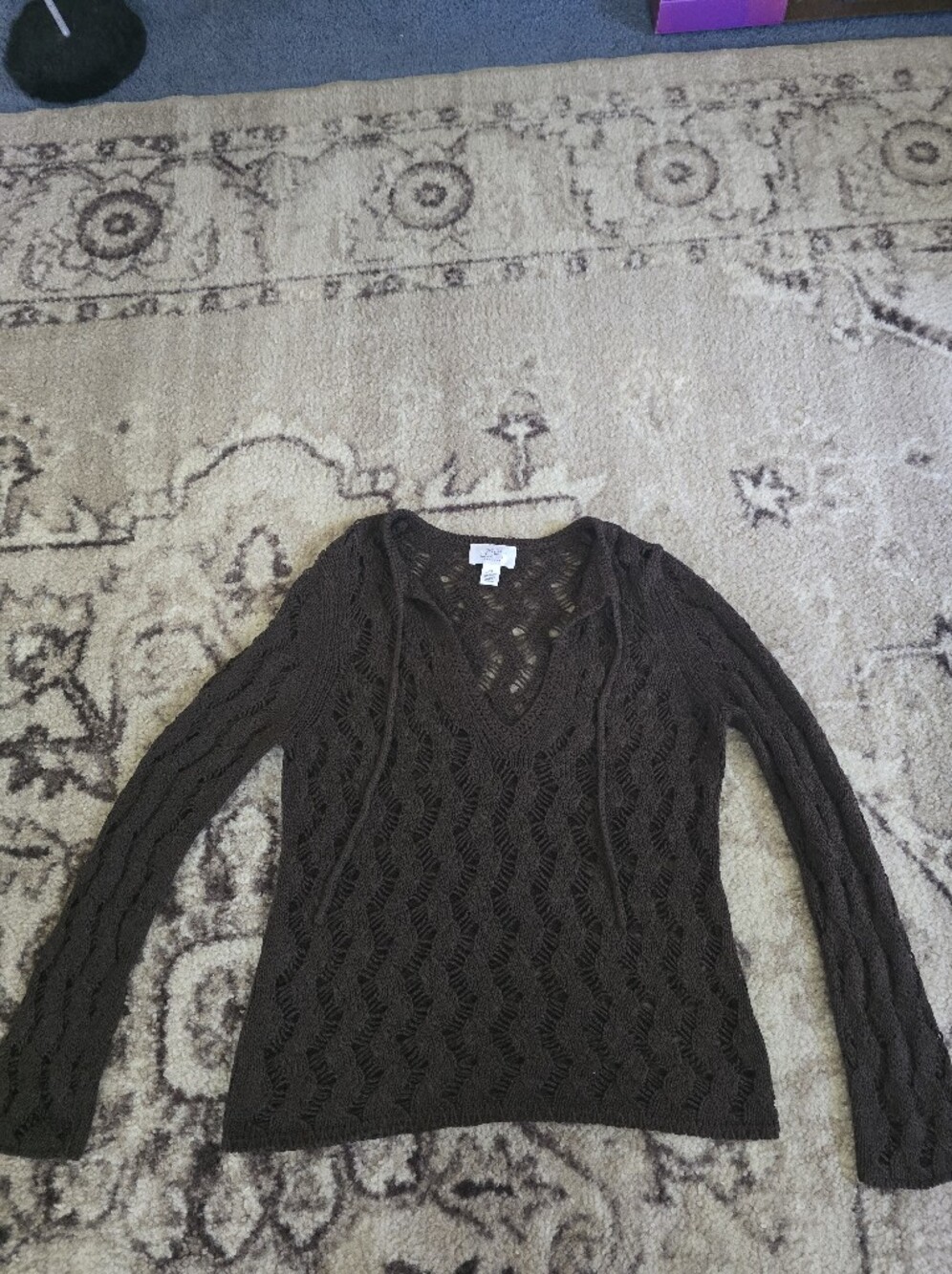 LOFT Dark Brown Open-Knit V-Neck Sweater